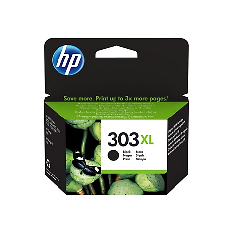 HP 303XL schwarze Tintenpatronenverpackung mit Abbildung eines Schmetterlings auf grünen Pflanzen.