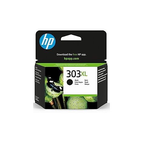 Schwarze HP 303XL Tintenpatrone, schwarzes Tinten-Icon, Produktverpackung mit Naturmotiv.