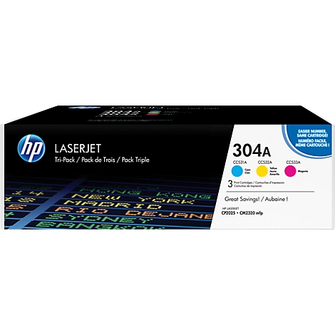 Een HP LaserJet Tri-Pack cartridge, toont het nummer 304A, bevat drie cartridges: cyaan, geel, magenta.