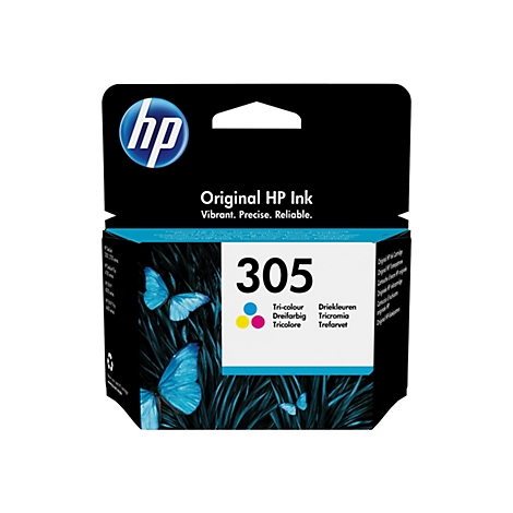 Schwarze Verpackung mit HP-Logo und der Aufschrift "Original HP Ink". Aufgedruckt sind die Nummer 305 und ein Bild mit blauen Schmetterlingen.