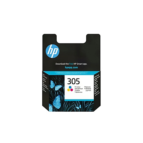 Eine HP Tintenpatrone, dargestellt auf einer schwarzen Verpackung mit blauen Schmetterlingen. Oben links das HP Logo, darunter "305".