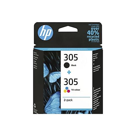 Emballage de cartouches d'encre HP avec des cartouches noires et tricolores, avec le numéro "305", un indicateur de 2 pièces et un affichage du pourcentage de plastique recyclé.