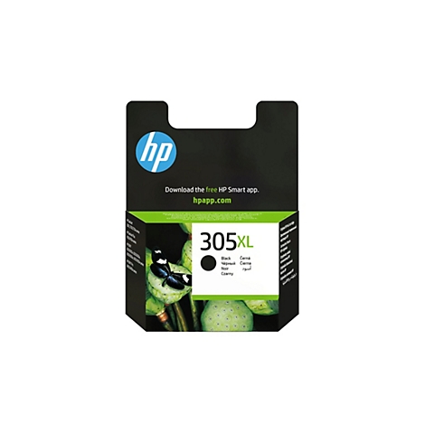 HP 305XL Tintenpatrone. Schwarze Patrone mit Schmetterlings-Design. Aufdrucke: HP-Logo, Produktname und QR-Code.