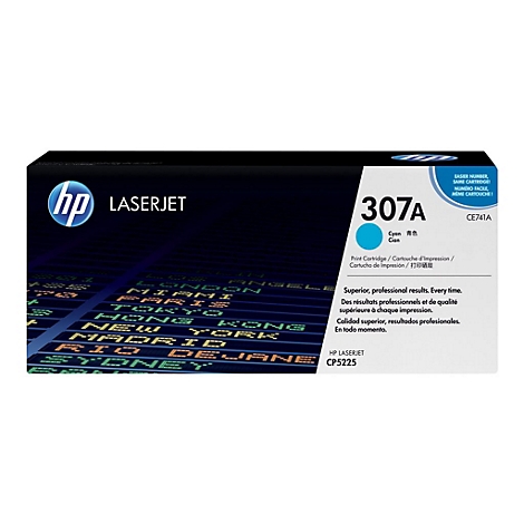 Eine HP LaserJet 307A Cyan Tonerkartusche vor dunklem Hintergrund. Aufschrift: Superior, professional results. Every time.