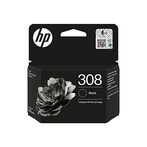 Schwarze HP Tintenpatrone 308, HP-Logo oben. Aufgedruckter Text und Grafik.