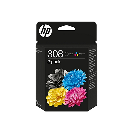 Schwarze und dreifarbige HP Tintenpatronen-Packung. Oben links das HP Logo, darunter die Produktbezeichnung.