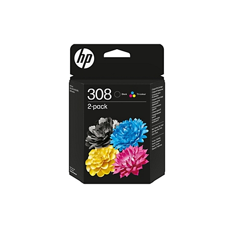 Schwarze HP-Tintenpatronen-Verpackung, auf der die Aufschrift "308 2-pack" zu sehen ist. Auf der Verpackung befinden sich bunte Blumenmuster und das HP-Logo.