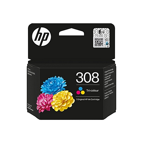 Schwarze HP 308 Tri-Colour Tintenpatronenverpackung mit Abbildungen von blauen, gelben und pinken Papierblumen.