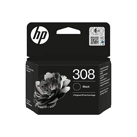 Eine schwarze HP 308 Tintenpatrone, mit einem weißen Logo von HP und floralen Grafiken.