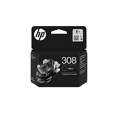 Eine schwarze HP Tintenpatrone mit der Aufschrift 308 Black und einer floralen Illustration. Auf der Verpackung befinden sich das HP Logo und Angaben zur Kompatibilität.