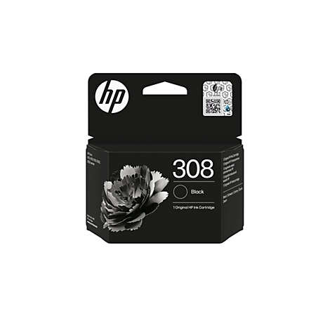 Schwarze HP Tintenpatrone 308. Auf der Packung ein Blumendesign, daneben steht "Black".