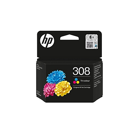 Cartouche d'encre HP noire avec des motifs de fleurs colorées. Texte imprimé : "308 Tri-colour" et "1 Original HP Ink Cartridge".