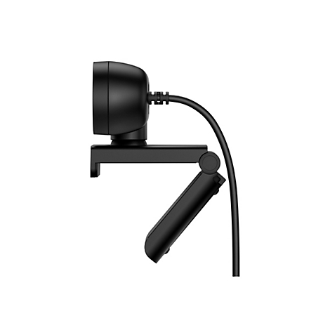 Schwarze Webcam mit Kabel auf weißem Hintergrund. Einstellbarer Ständer mit Kugelgelenk.