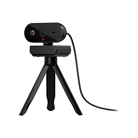 Schwarze HP Webcam auf einem schwarzen Dreibeinstativ. Auf der Webcam ist das HP-Logo zu sehen, ein rotes Licht signalisiert die Betriebsbereitschaft.