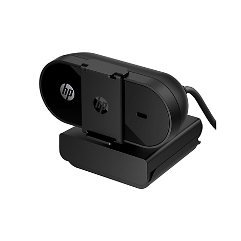 Schwarze HP Webcam mit HP Logo. Sie steht auf einem rechteckigen Sockel und hat einen länglichen, ovalen Kopf.