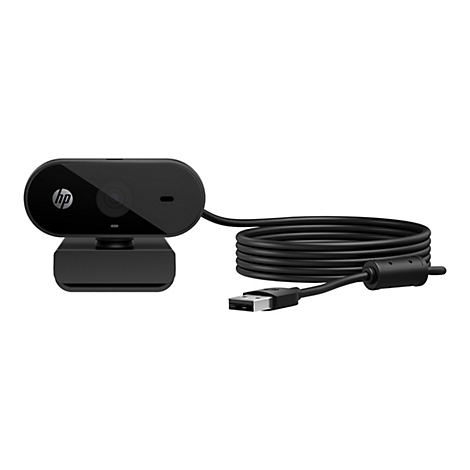 Schwarze HP Webcam mit USB-Kabel auf weißem Hintergrund. Die Webcam hat eine ovale Form mit dem HP-Logo, das Kabel ist aufgerollt.