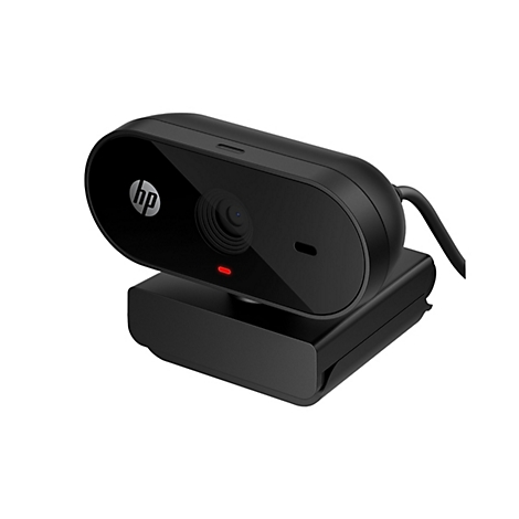 Eine schwarze Webcam mit dem HP-Logo und roter LED auf weißem Hintergrund.