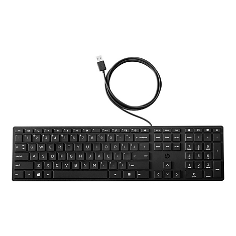 Schwarze, kabelgebundene HP-Tastatur mit Ziffernblock auf weißem Hintergrund.