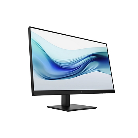 Schwarzer HP Monitor mit dünnem Rahmen und blauem, abstraktem Hintergrundbild.