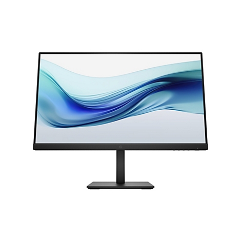 Schwarzer HP Monitor mit dünnem Rahmen auf einem schlichten Standfuß vor weißem Hintergrund.