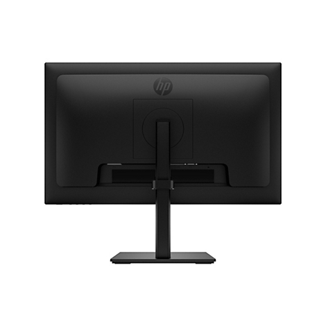 Rückseite eines schwarzen HP Monitors mit Standfuß vor weißem Hintergrund.