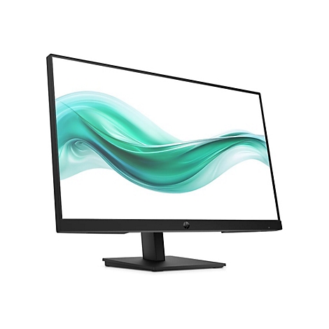 Schwarzer HP Monitor mit schlankem Rahmen und türkisfarbener, abstrakter Wellengrafik auf dem Bildschirm.