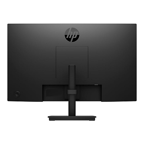 Rückseite eines schwarzen HP-Monitors mit mittigem Standfuß vor weißem Hintergrund.