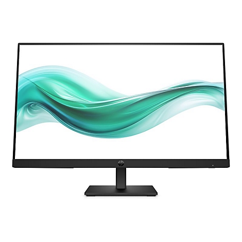 Schwarzer HP Monitor mit rahmenlosem Display und türkisfarbenem Wellenmuster auf weißem Hintergrund.
