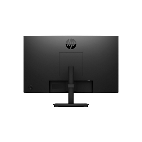 Rückseite eines schwarzen HP-Monitors auf einem Standfuß vor weißem Hintergrund.