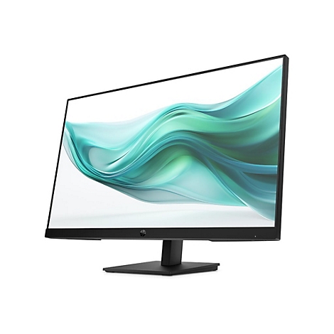 Schwarzer HP Monitor mit schlankem Rahmen und abstraktem, türkisfarbenem Hintergrundbild vor weißem Hintergrund.