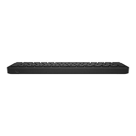 Schwarze Tastatur, seitlich, Tasten erkennbar, weißer Hintergrund.