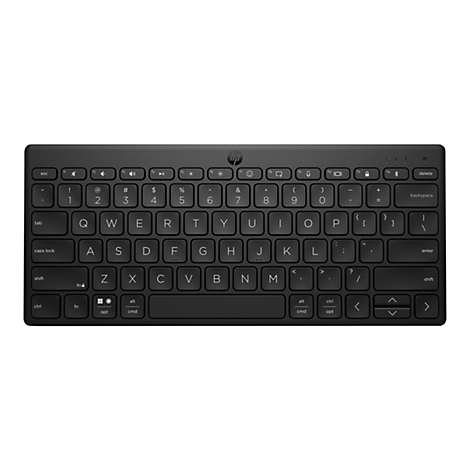 Schwarze HP-Tastatur. Die Tasten sind hellgrau beschriftet. Oben mittig befindet sich das HP-Logo.