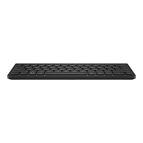 Schwarze Tastatur auf weißem Hintergrund. Die Tasten sind beschriftet, die Anordnung ist Standard.
