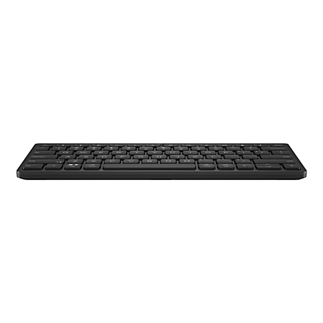 Schwarze, flache Tastatur mit weißen Buchstaben und Zahlen. Die Tasten sind deutlich beschriftet. Hintergrund ist weiß.