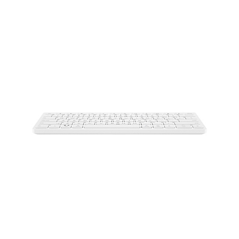 Weiße, kabellose Tastatur in Flachbauweise vor weißem Hintergrund.