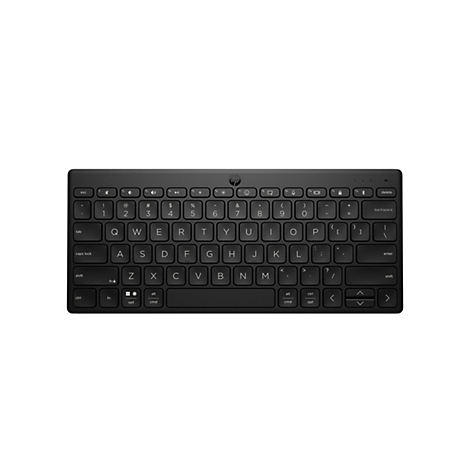 Schwarze kabellose HP-Tastatur mit QWERTY-Layout auf weißem Hintergrund.