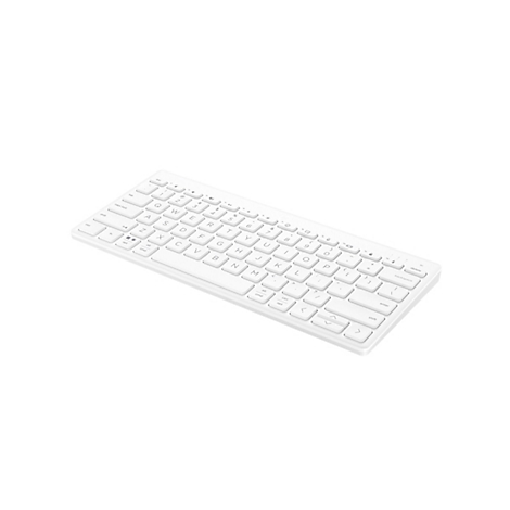 Weiße, kabellose HP-Tastatur in Perspektive auf weißem Hintergrund.