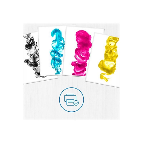 Les couleurs d'encre se rÃ©pandent sur des feuilles blanches : noir, cyan, magenta et jaune. En bas : symbole de l'imprimante.