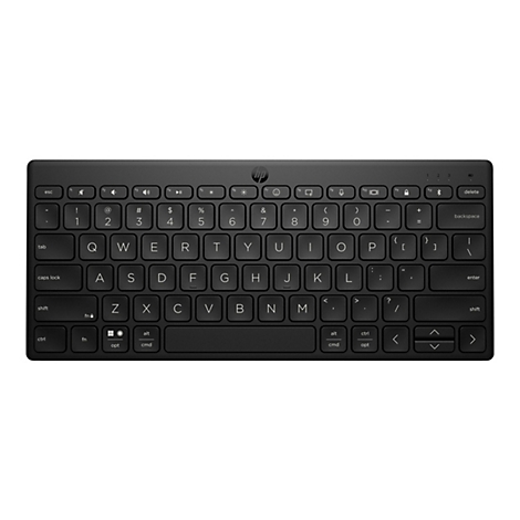 Schwarze kabellose Tastatur von oben mit weißem Hintergrund. Die Tastatur hat das HP-Logo und Standardtasten.