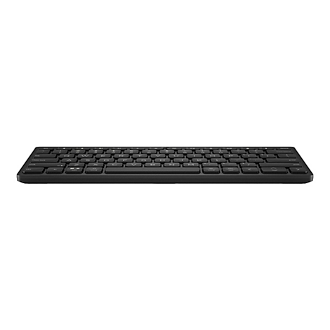 Ein schwarzes, flaches Keyboard mit weißen Buchstaben und Symbolen. Auf weißem Hintergrund.