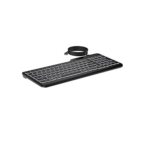 Schwarze, kabelgebundene Tastatur mit weißer Tastenbeschriftung vor weißem Hintergrund.