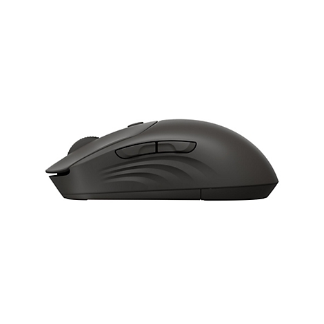 Draufsicht auf eine dunkle, ergonomisch geformte Computermaus, die auf einem weißen Hintergrund isoliert ist. Die Maus hat mehrere Tasten und ein Scrollrad.