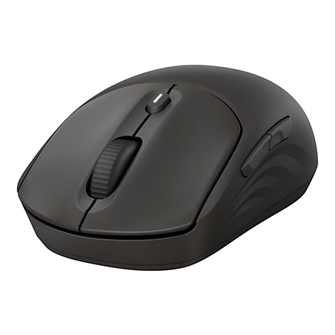 Drahtlose, schwarze Maus. Sie hat eine Form, die gut in der Hand liegt, mit zwei Seitentasten. Auf der Oberseite ein Scrollrad und eine Taste.