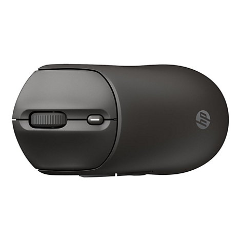 Drahtlose, schwarze HP-Maus, Ansicht von oben, mit Scrollrad und HP-Logo.