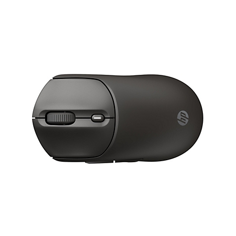 Draufsicht auf eine schwarze HP-Maus mit Scrollrad und HP-Logo.