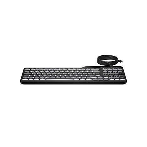 Schwarze, kabelgebundene Tastatur mit flachen Tasten und integriertem Ziffernblock vor weißem Hintergrund.
