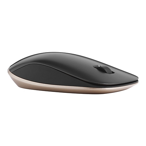 Drahtlose Maus in Schwarz und Gold. Deutlich sichtbares Mausrad. Auf weißem Hintergrund.