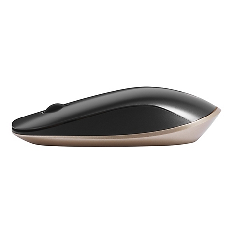 Drahtlose Computermaus in Schwarz und Gold, Seitenansicht, isoliert auf Weiß.