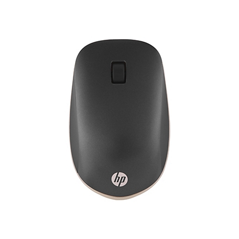 Drahtlose Computermaus in Schwarz mit HP-Logo. Maustasten und Rollrad sind sichtbar.