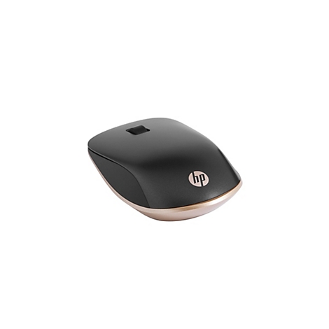 Schwarze kabellose HP-Maus mit goldfarbener Unterseite vor weißem Hintergrund.